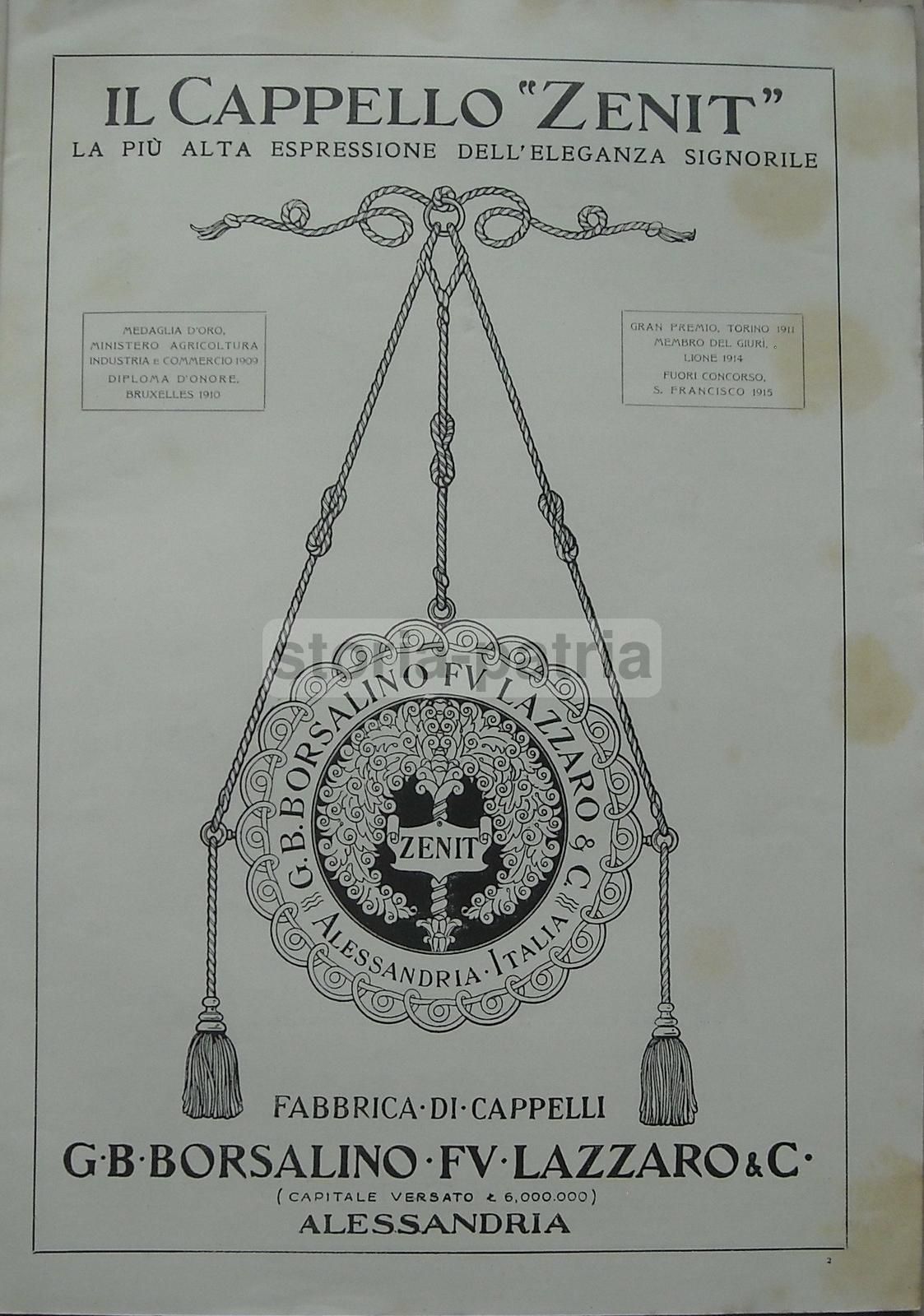 Pubblicità Antica Cappelli Borsalino Zenit E Fernet Branca, 1922