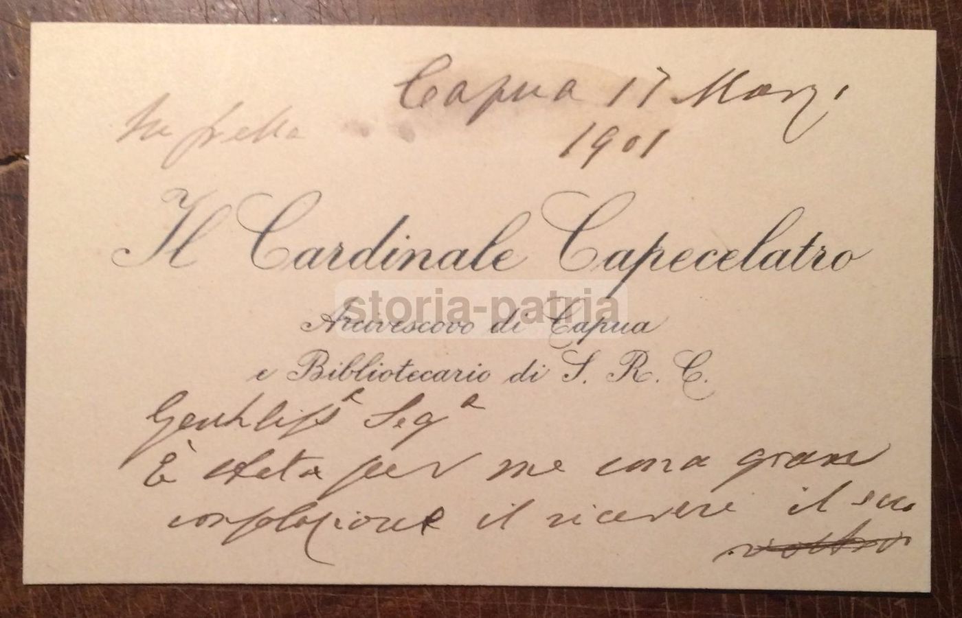 Biglietto Autografo Cardinale Alfonso Capecelatro Arcivescovo Di Capua, 1901