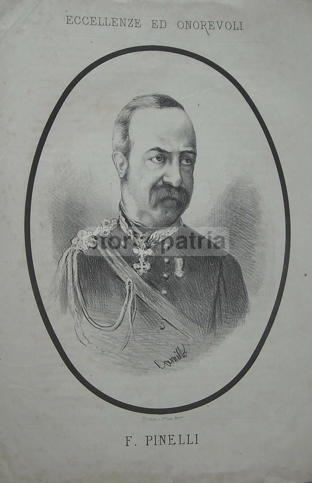Caricatura Del Generale Ferdinando Pinelli, Litografia Originale, 1865 Circa