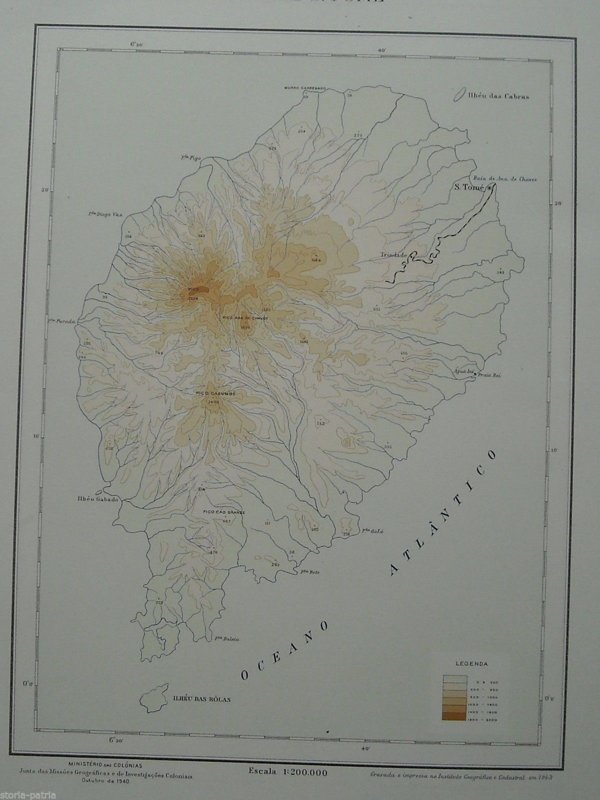 Carta Ipsometrica Ilha De S. Tomé Colonie Portoghesi 1943