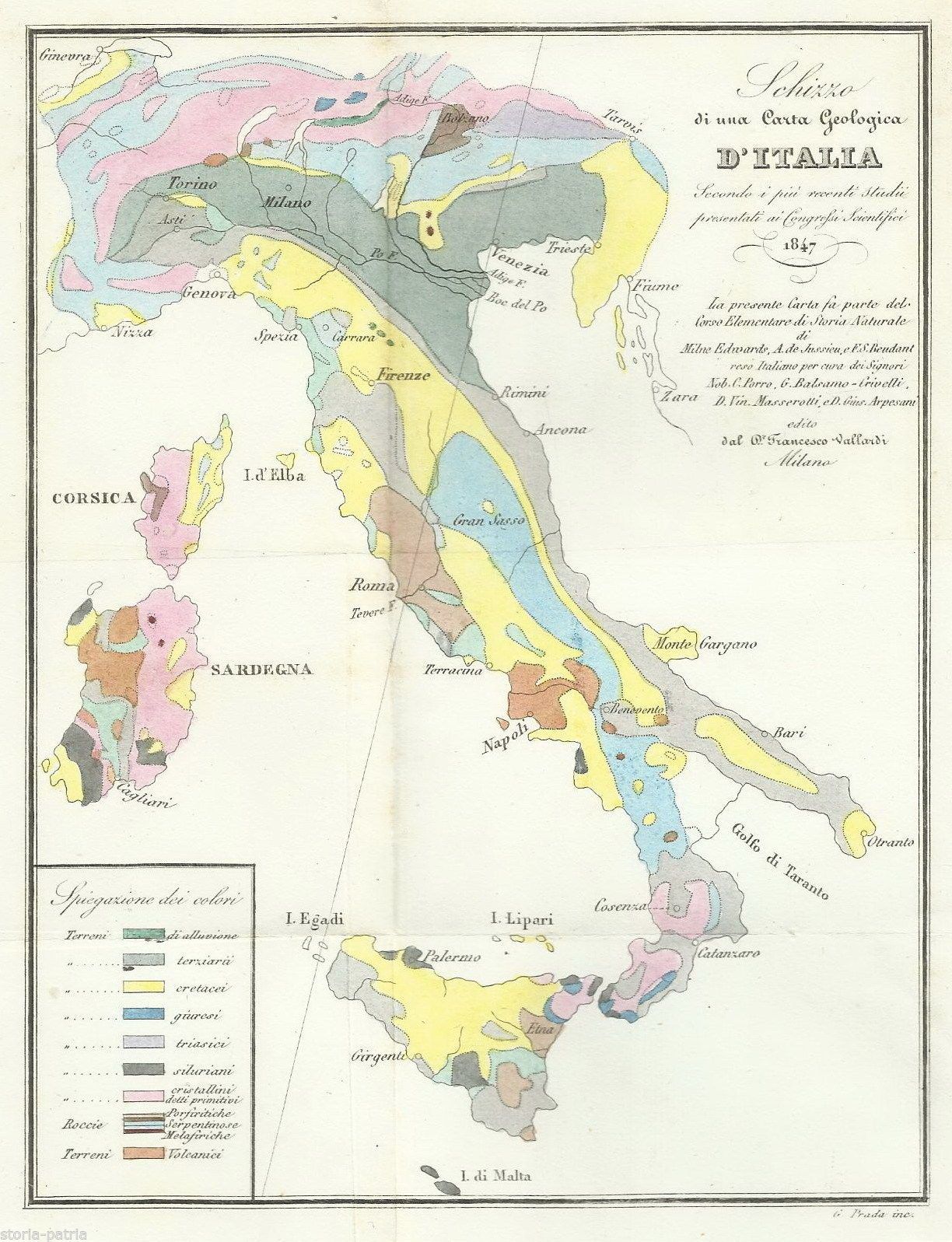 Carta Geologica d'Italia 1847 Sardegna Corsica Sicilia Gargano Elba