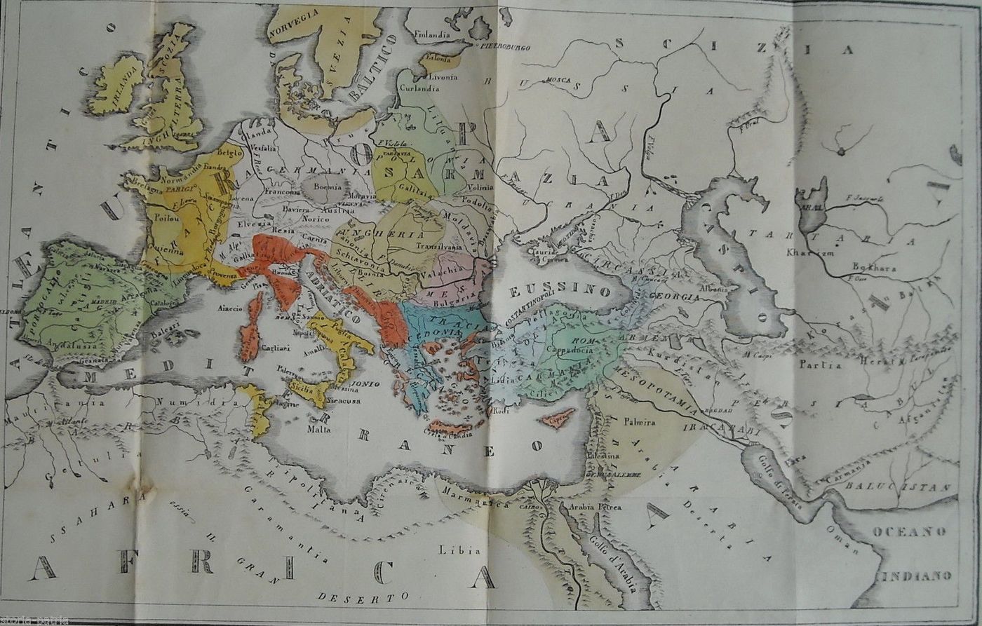 Mappa Storica Europa, Asia E Africa, Secoli XII XIII, Litografia Metà XIX Secolo