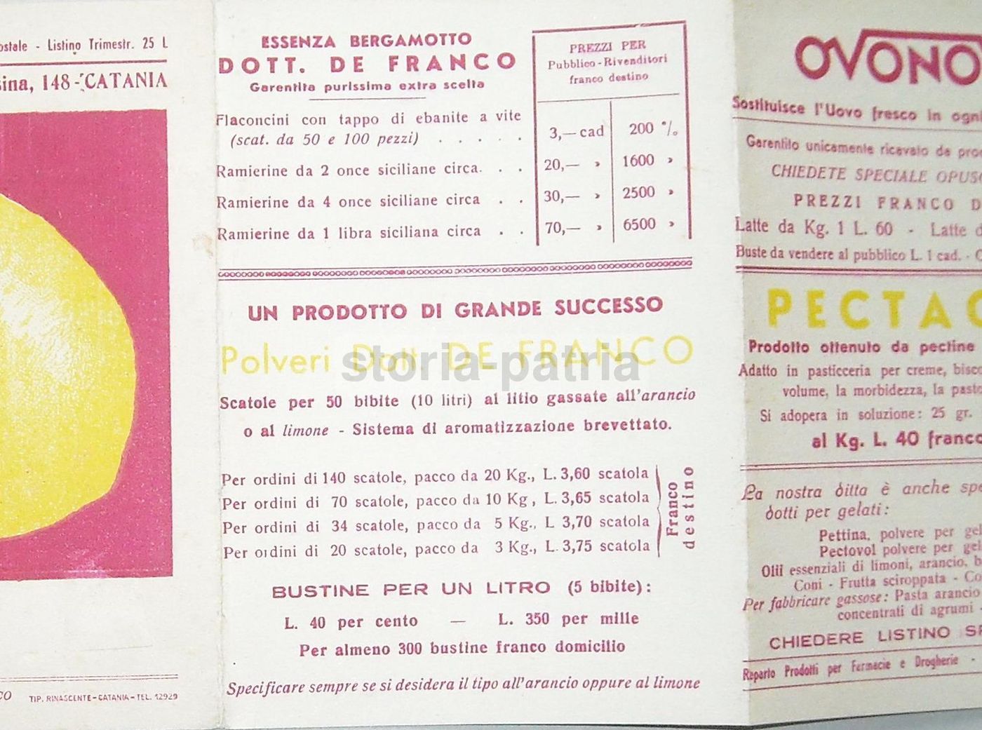 Depliant Pubblicitario De Franco Catania 1938 Limonina Ovonovo