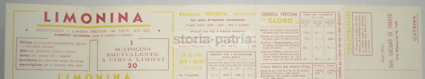 Depliant Pubblicitario De Franco Catania 1938 Limonina Ovonovo