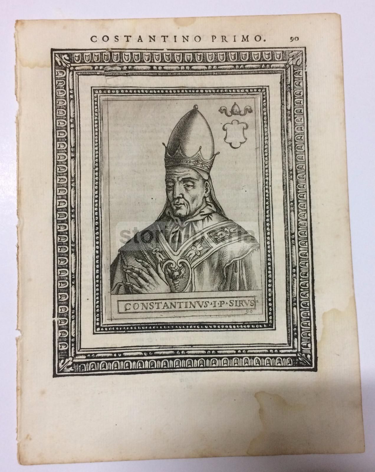 Incisione Antica Costantino I Papa Ritratto Araldica XVI Secolo