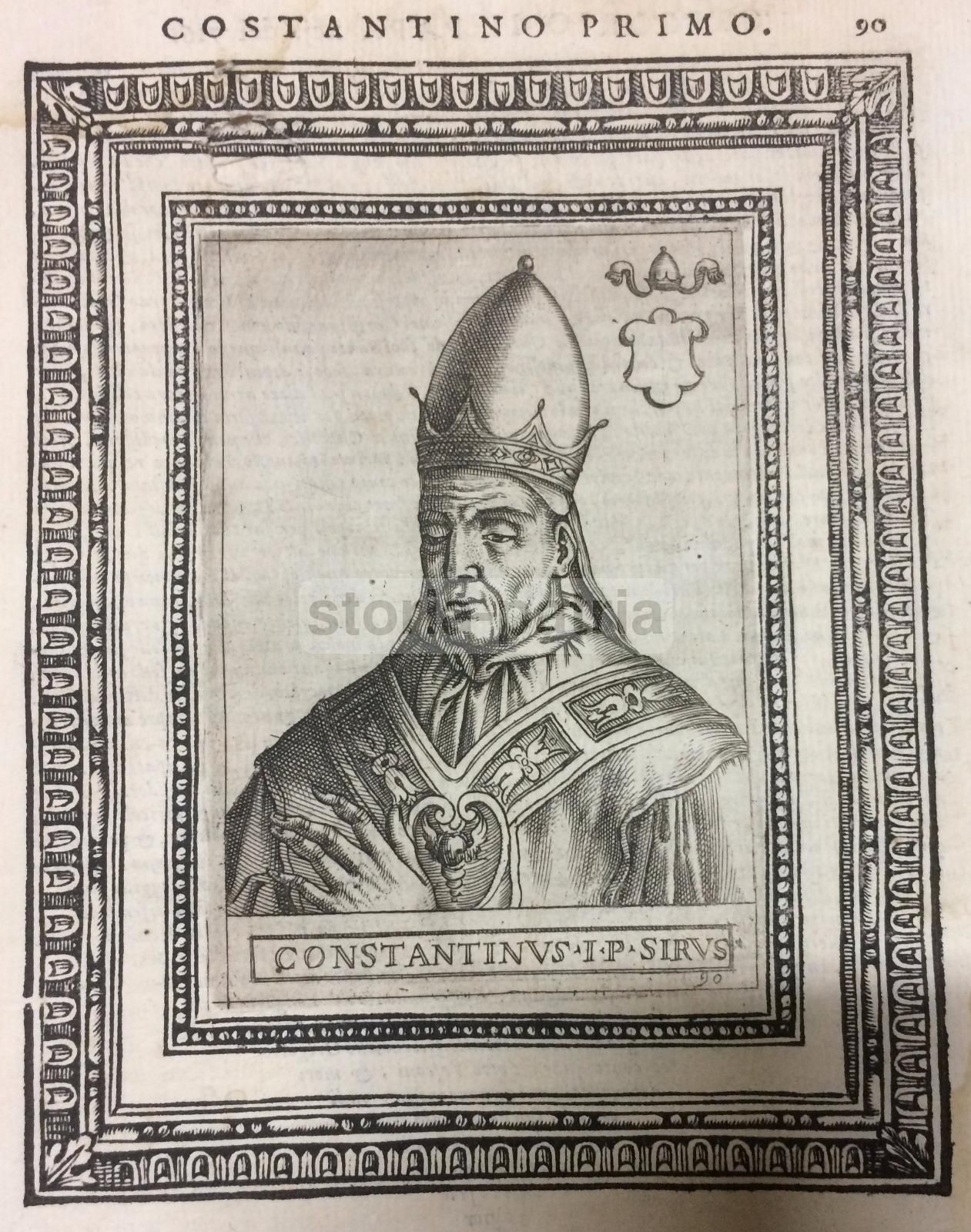 Incisione Antica Costantino I Papa Ritratto Araldica XVI Secolo