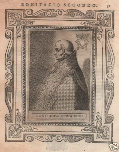 Incisione Antica Di Papa Bonifacio II Con Ritratto E Stemma Araldico, Fine XVI Secolo