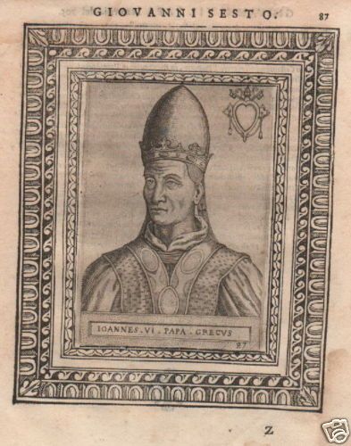 Papa Giovanni VI, Incisione Antica Originale, Fine '500 Con Stemma