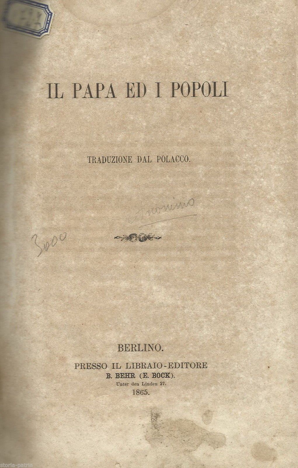 Il Papa E I Popoli, Anonimo Polacco, Berlino 1865, Edizione Antica
