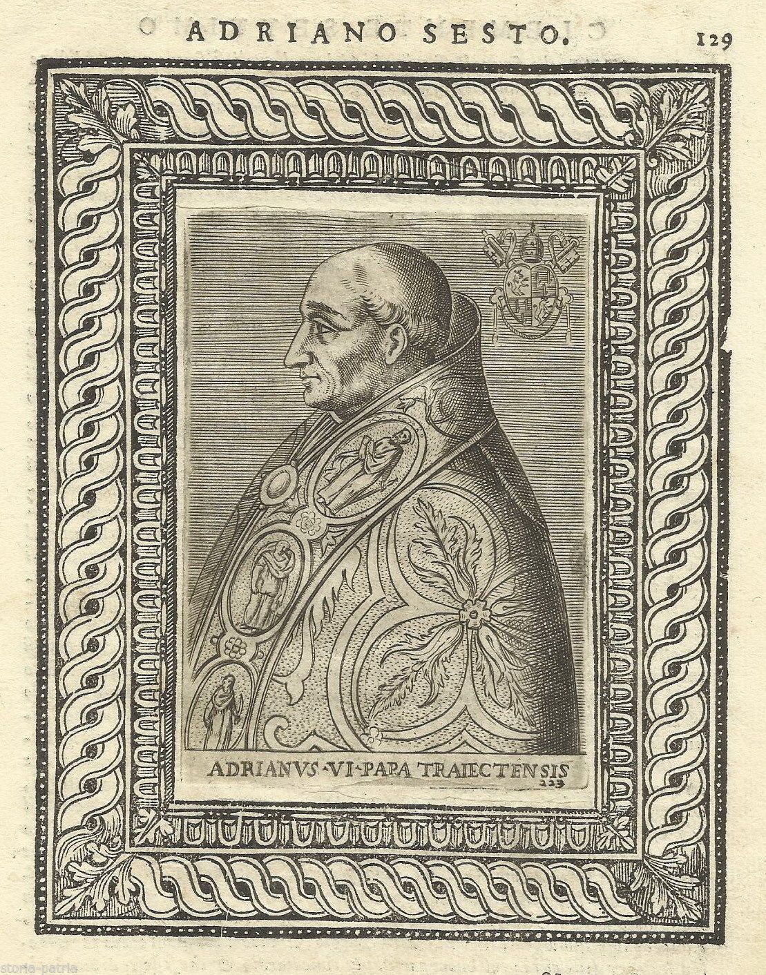 Incisione Antica Di Papa Adriano VI Con Stemma, Fine XVI Secolo