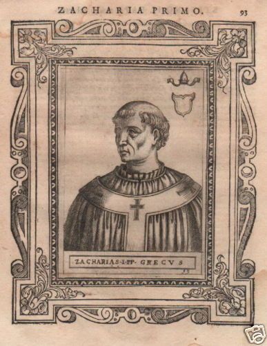 Papa Zaccaria I Incisione Antica Originale Fine '500 Con Stemma