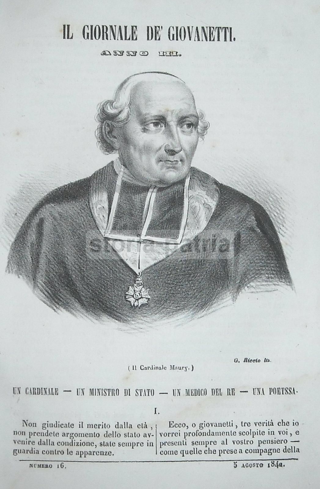 Cardinale Maury: Ritratto Litografico Di Riccio, 1842