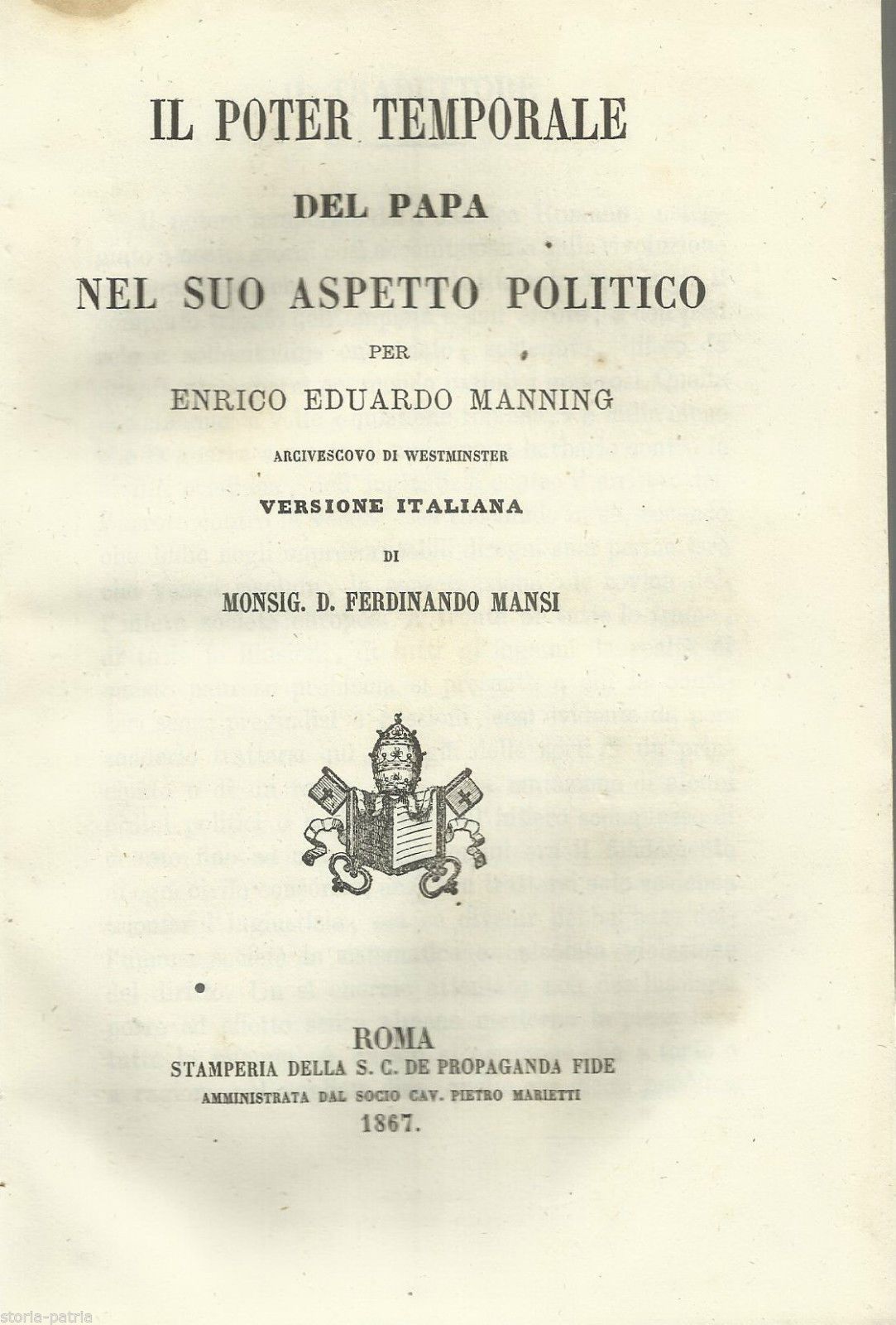 Il Potere Temporale Del Papa, Manning 1867, Stamperia Propaganda