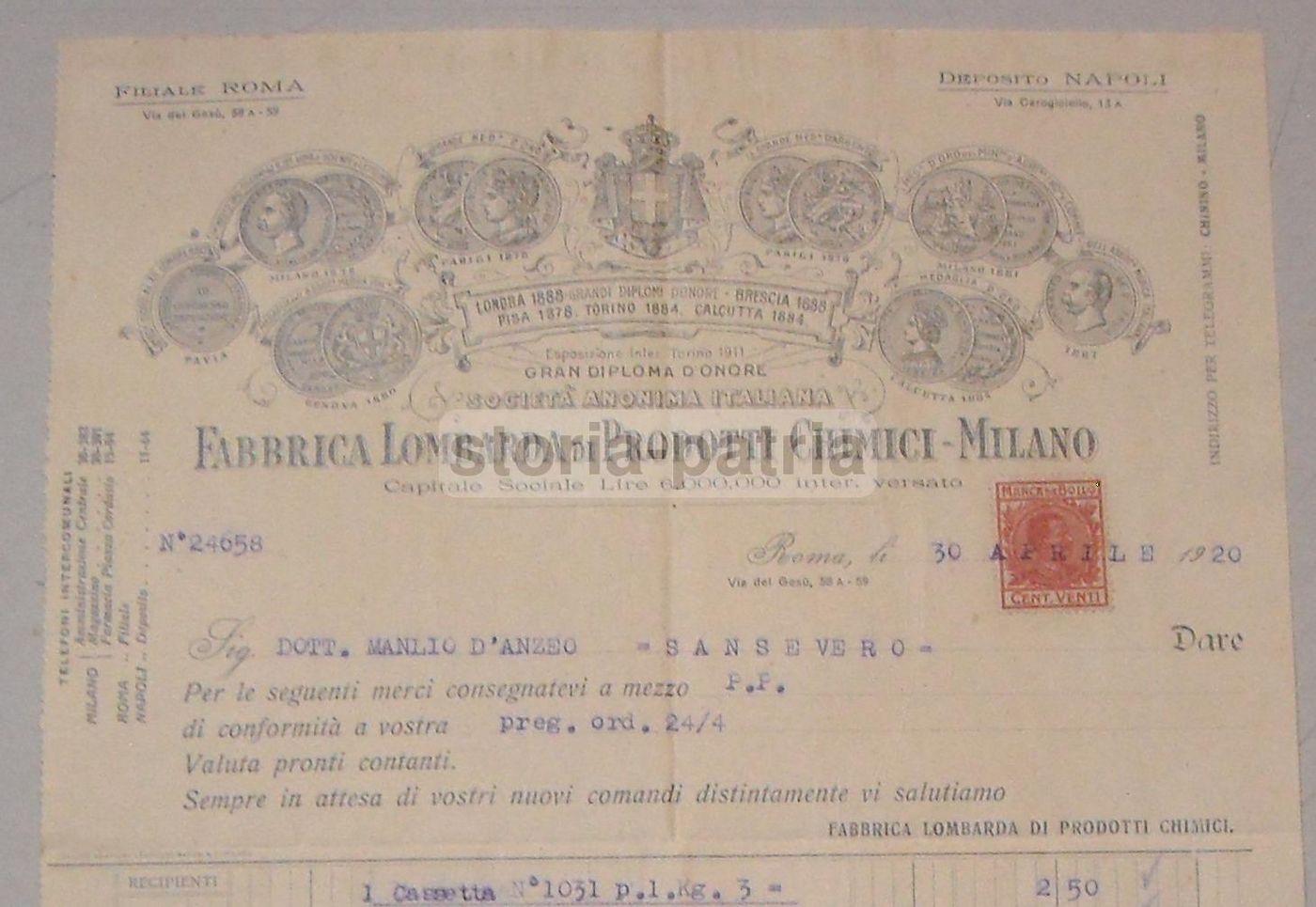 Carta Intestata Fabbrica Italiana Di Prodotti Chimici, Milano 1920