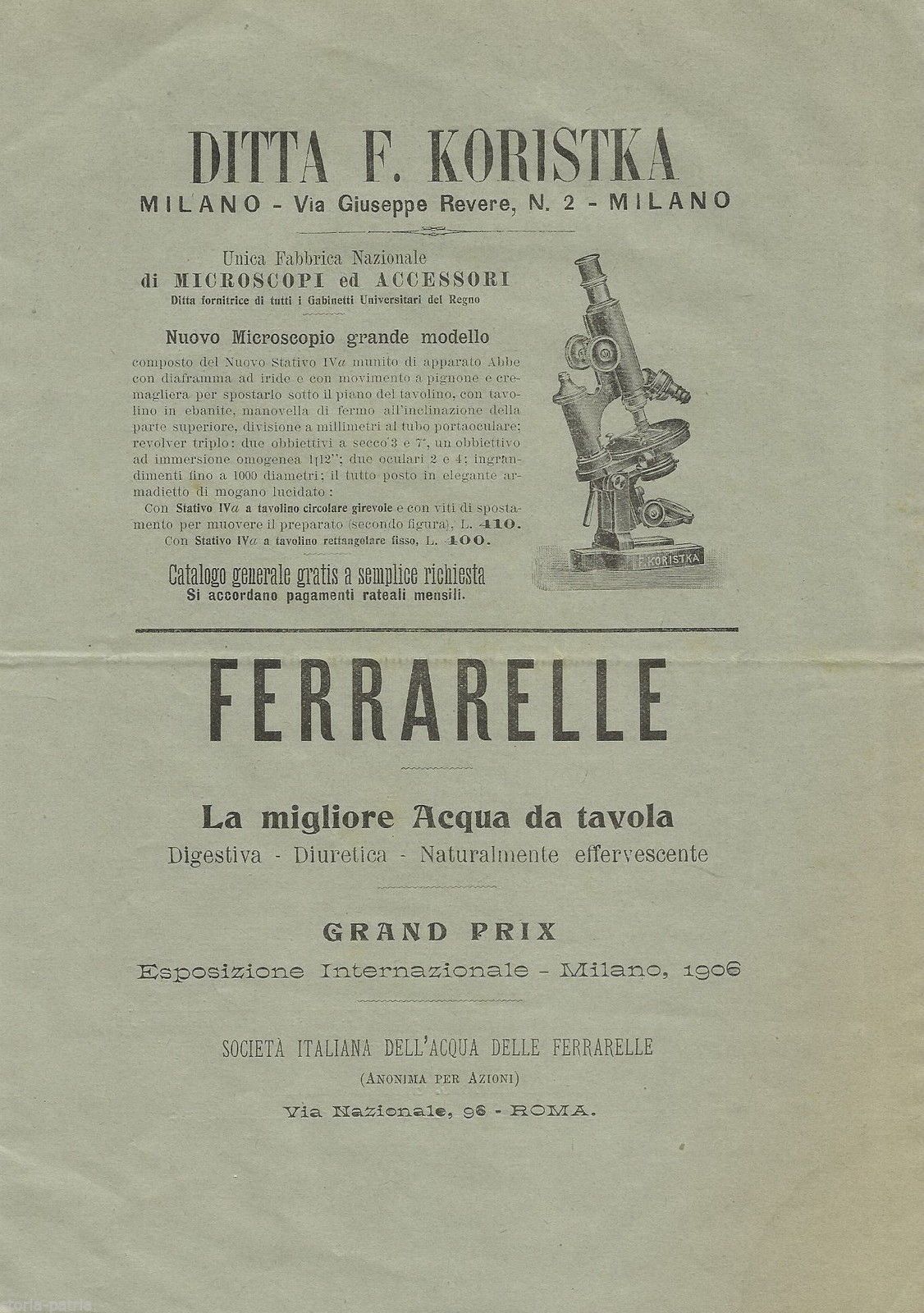 Pubblicità Microscopio Koristka E Acqua Ferrarelle, Milano, 1907