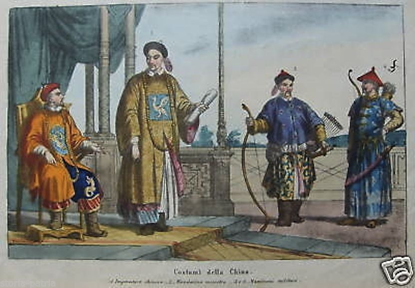 Litografia Antica Costumi Cinesi Imperatore E Mandarini 1800