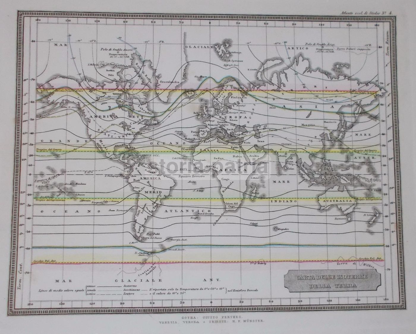 Carta Delle Isoterme Della Terra Planisfero Antico, 1850 Circa, Stieler