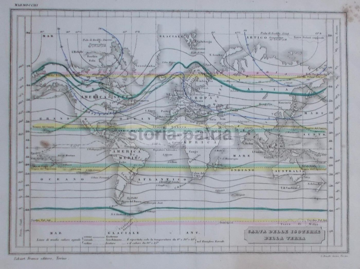 Carta Delle Isoterme Della Terra Marmocchi, Bonatti, Franco Torino, XIX Secolo