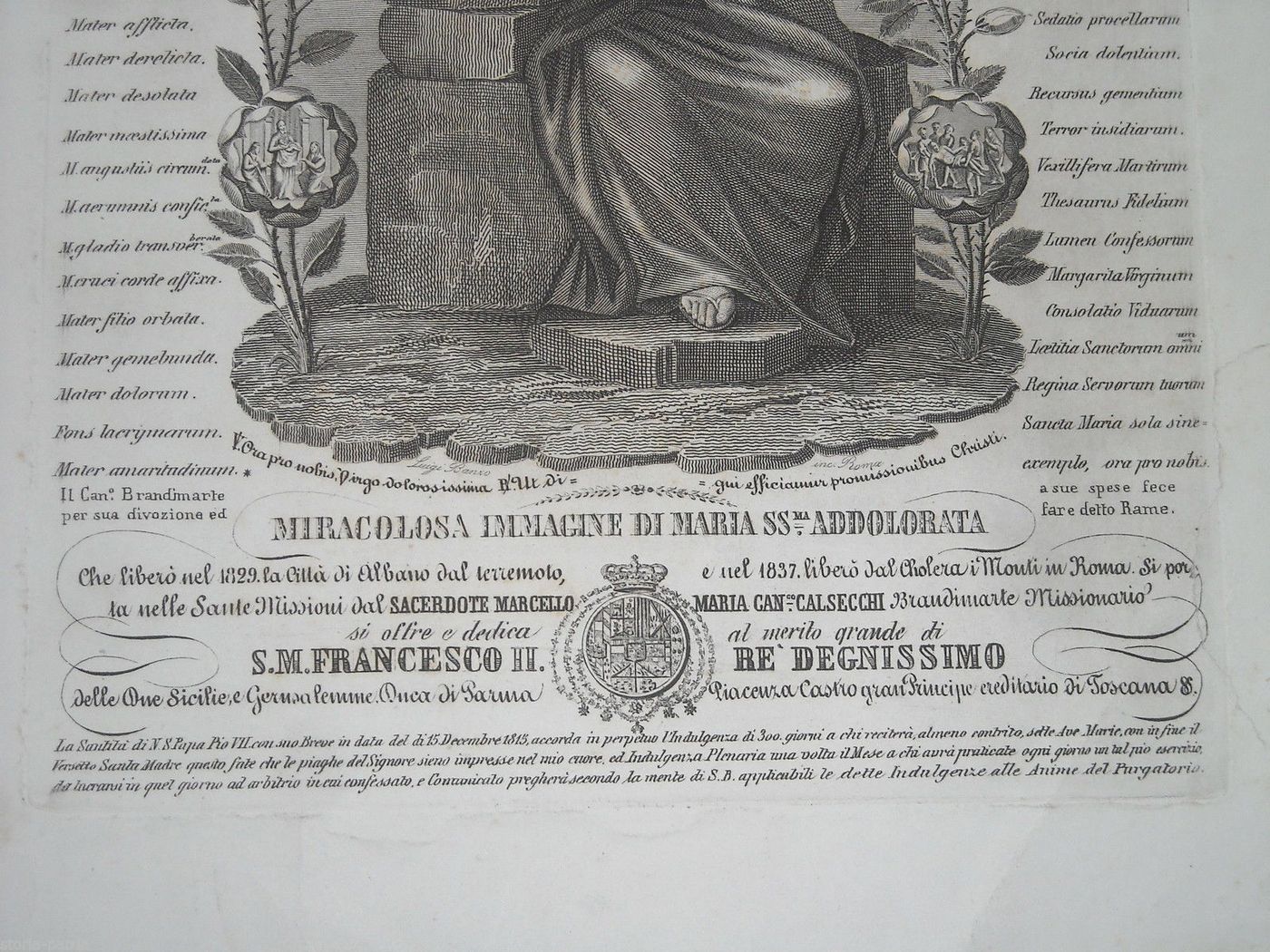 Incisione Madonna Addolorata Albano Francesco II Borbone 1840
