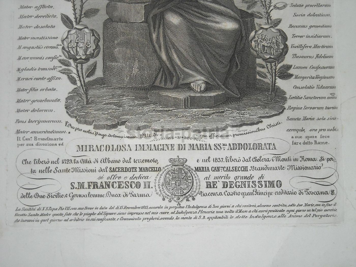 Incisione Madonna Addolorata Albano Francesco II Borbone 1840