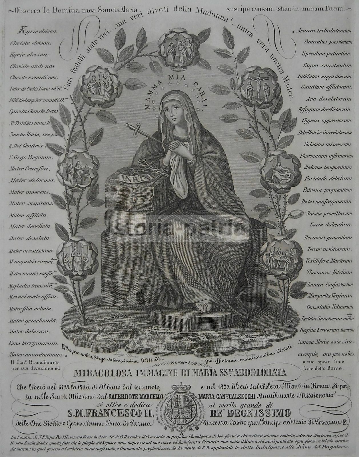 Incisione Madonna Addolorata Albano Francesco II Borbone 1840