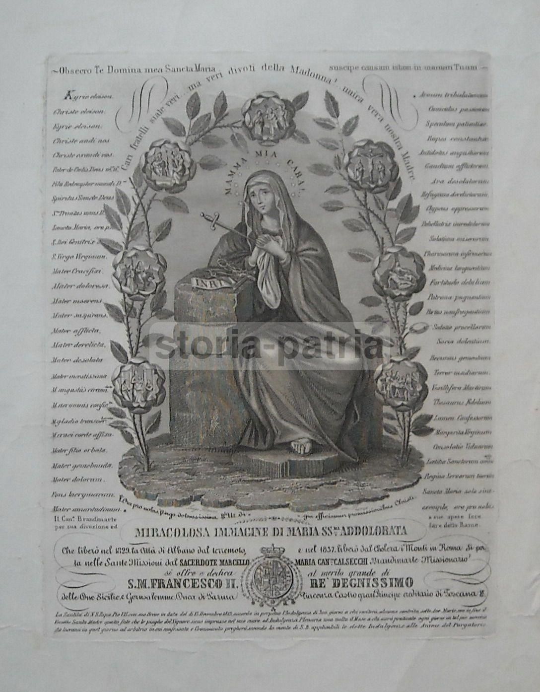 Incisione Madonna Addolorata Albano Francesco II Borbone 1840