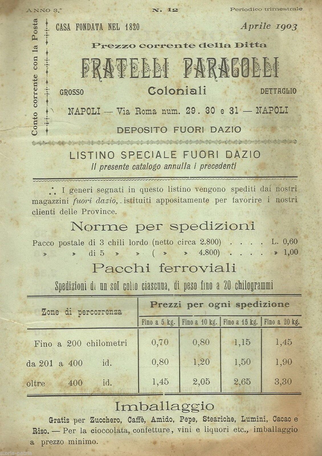 Listino Prezzi Fratelli Paracolli 1903 Napoli Coloniali Caffè E Liquori