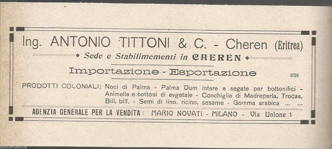 Pubblicità Antica Ing. Tittoni Cheren Eritrea Prodotti Coloniali