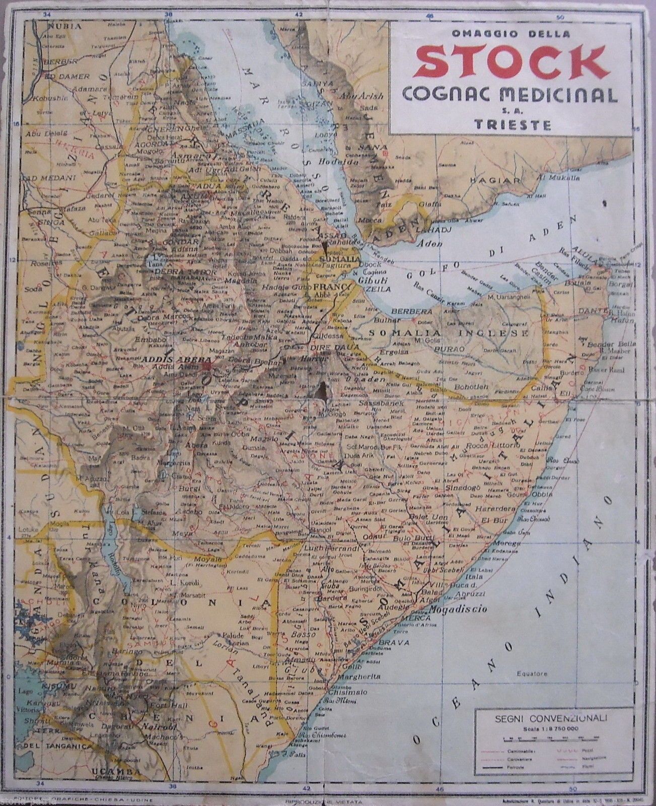 Mappa Africa Orientale, Etiopia, Somalia, Kenya, Stock Trieste, 1935