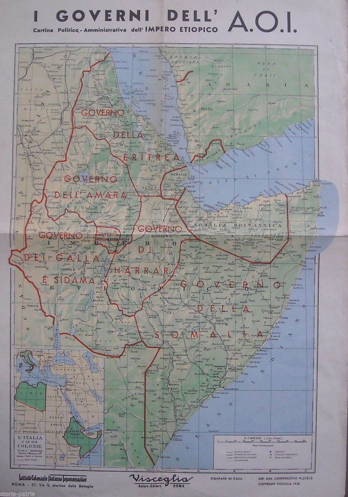Mappa Dei Governi Dell'A.O.I. Eritrea, Somalia, Harrar, Etiopia, Anni '30