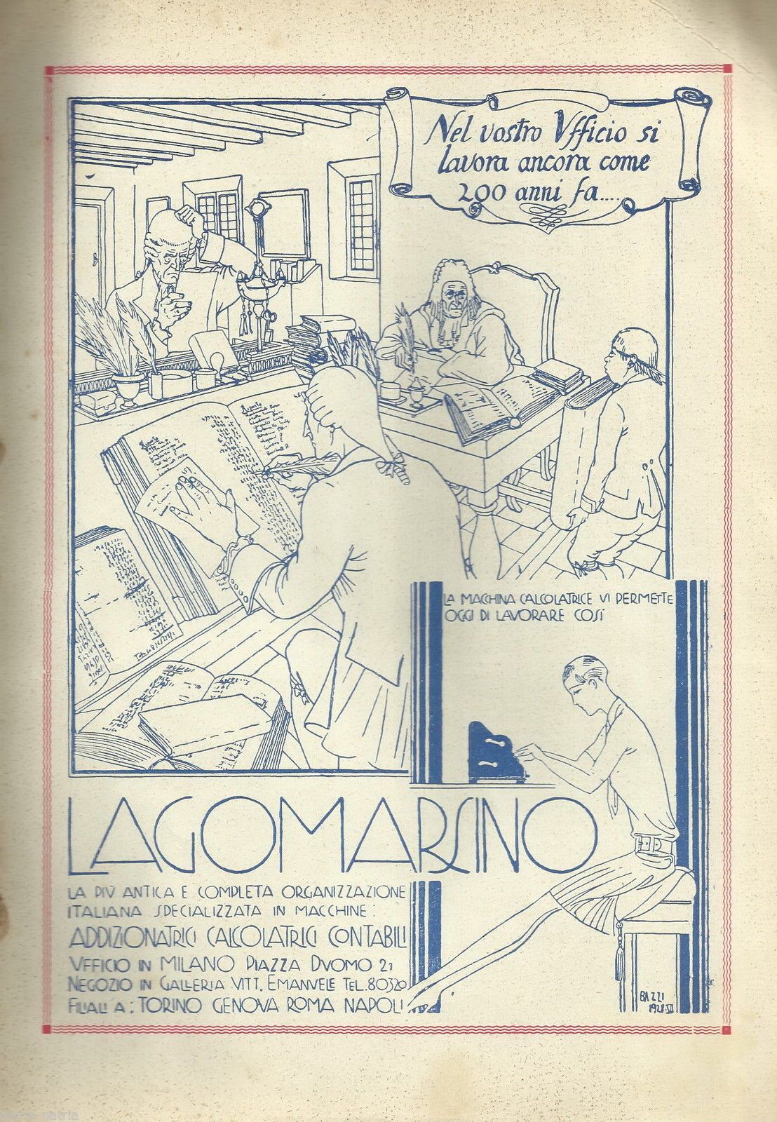 Pubblicità Calcolatrice Lagomarsino Milano, Illustrazione Bazzi, 1930