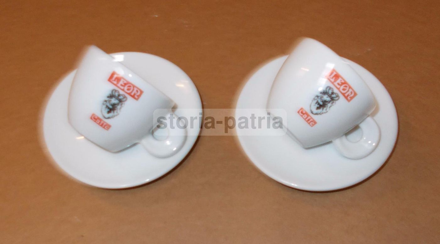 Coppia Di Tazzine Da Caffè Leon In Porcellana Pubblicitaria