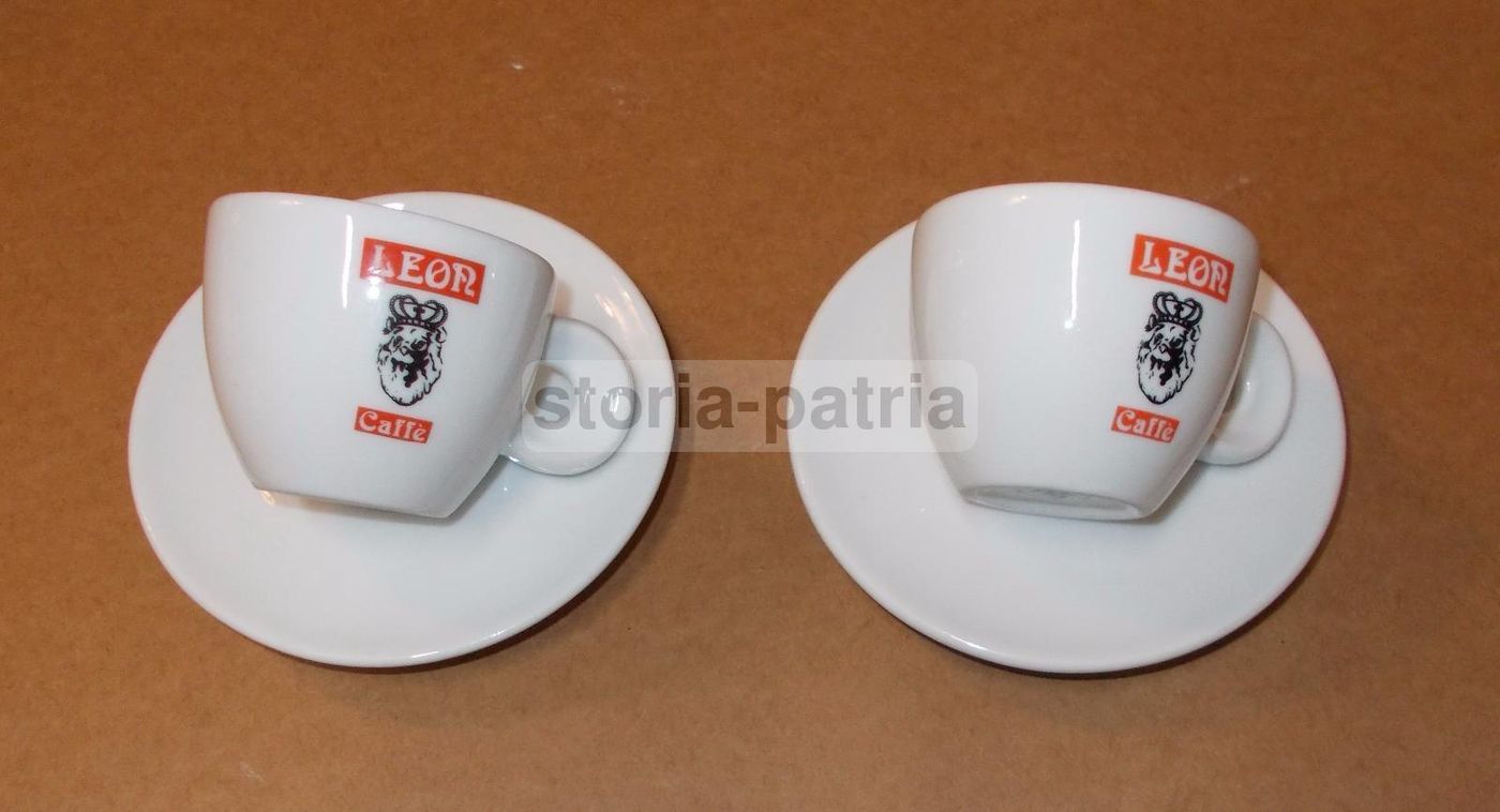 Coppia Di Tazzine Da Caffè Leon In Porcellana Pubblicitaria