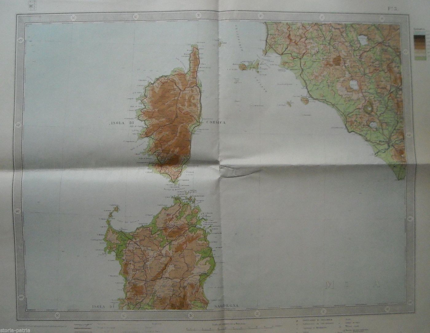 Mappa Corsica, Sardegna, Toscana E Lazio 1921   Carta Ipsometrica d'Italia