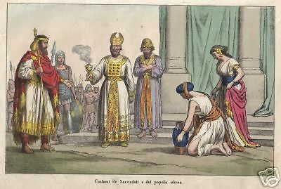 Stampa Antica: Costumi Dei Sacerdoti Ebrei E Cerimonie, Litografia Del XIX Secolo