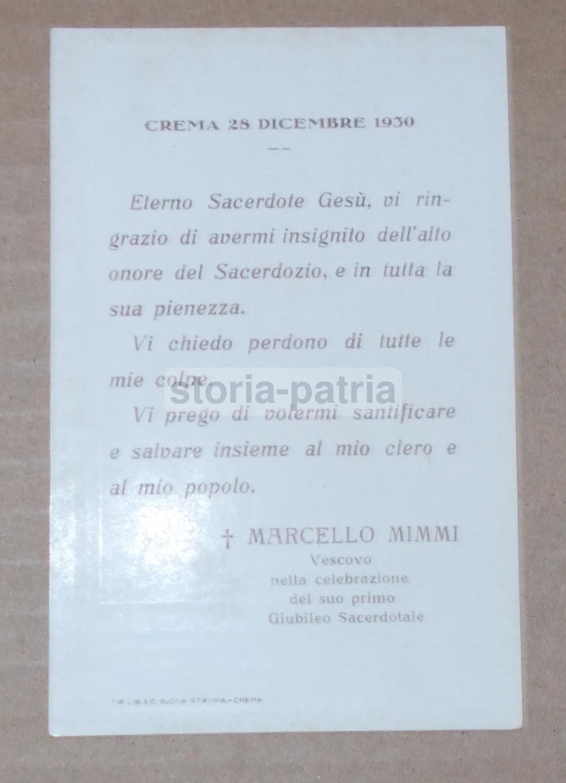 Santino Giubileo Sacerdotale Vescovo Marcello Mimmi, Crema 1930