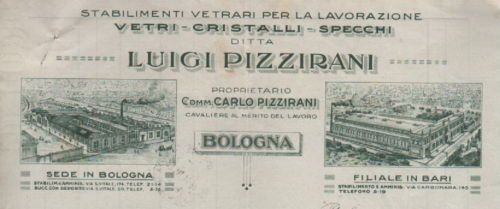 Carta Intestata Cristalleria Pizzirani Bologna Bari 1923