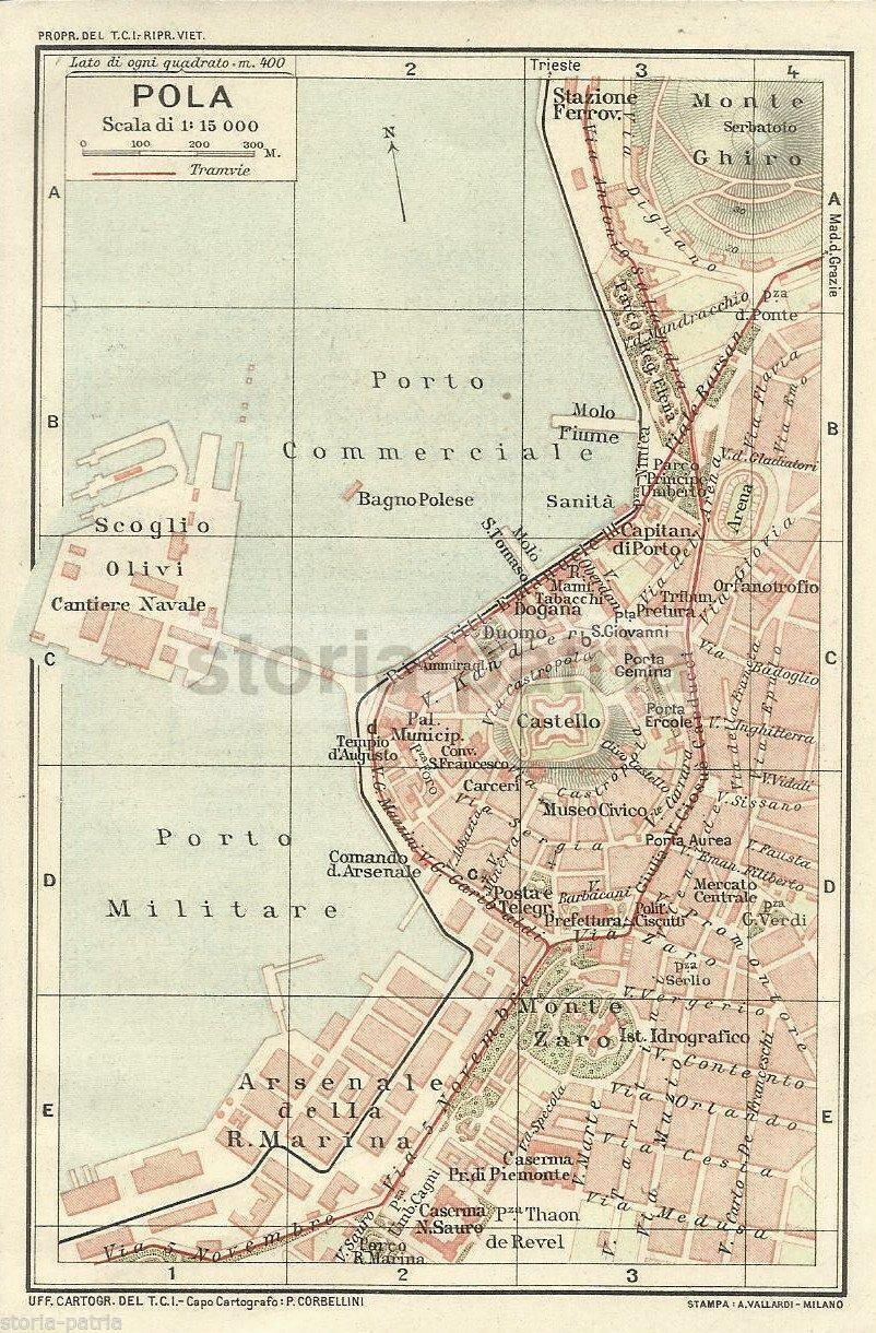 Mappa Antica Di Pola, Istria (Croazia), Anni '20, TCI, Vallardi Milano