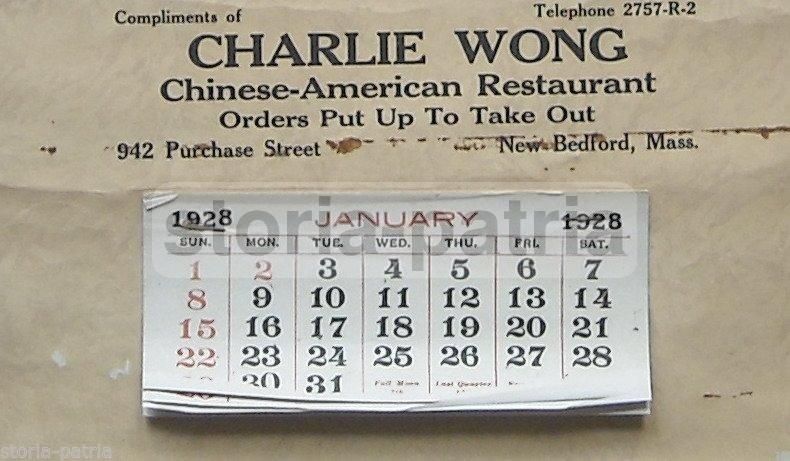 Calendario Ristorante Cinese Americano Charlie Wong 1928 New Bedford
