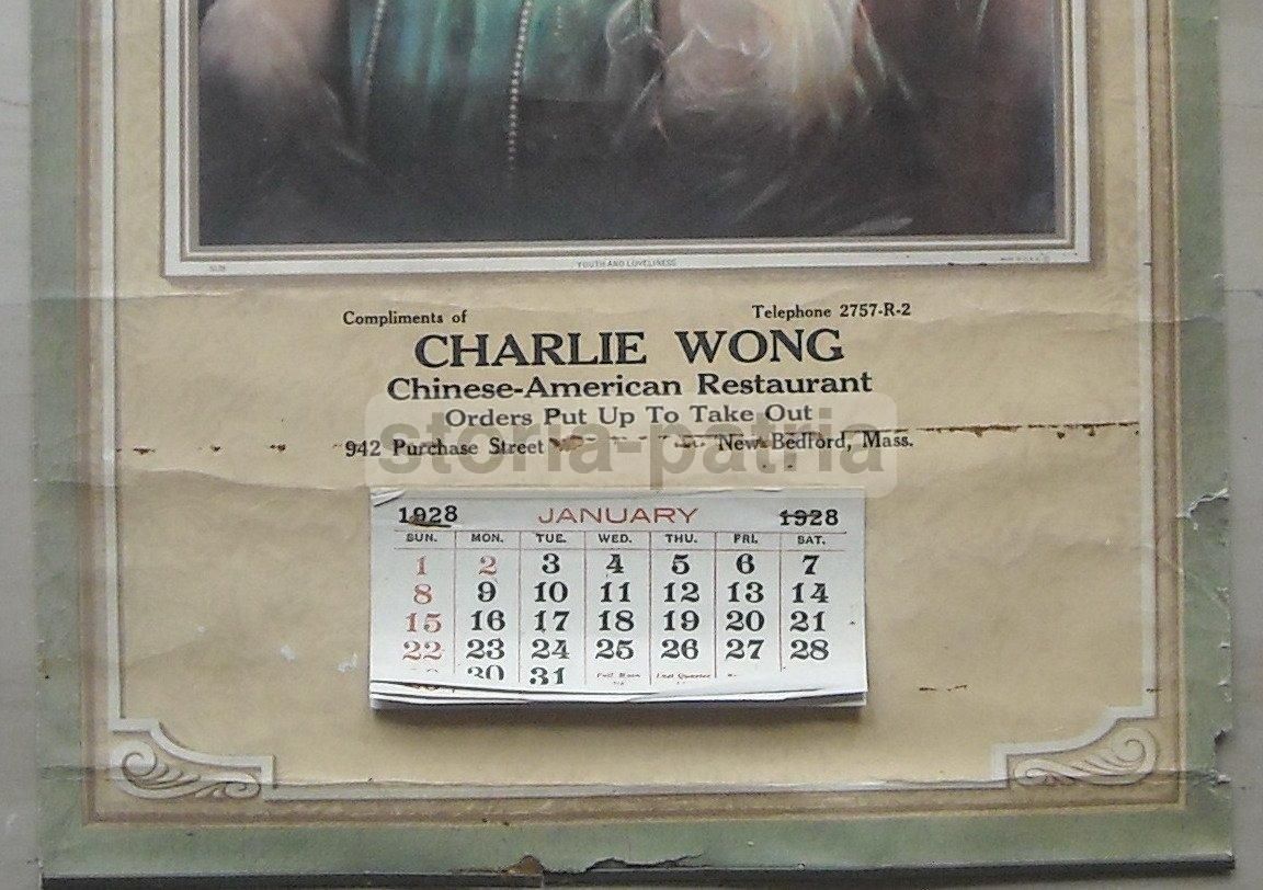 Calendario Ristorante Cinese Americano Charlie Wong 1928 New Bedford