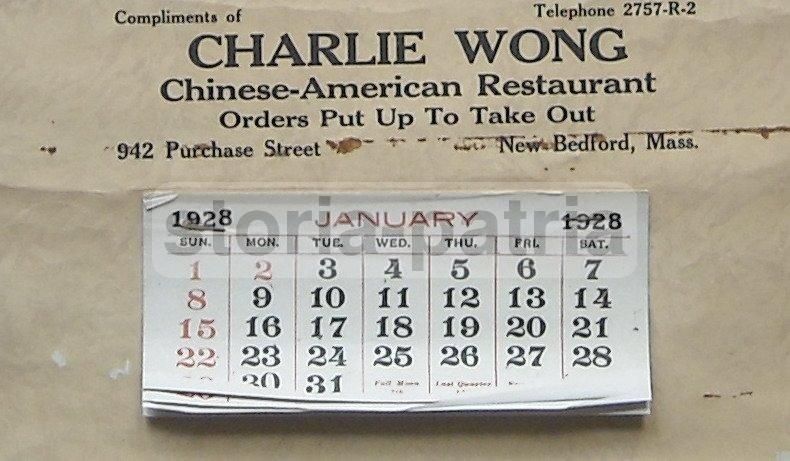 Calendario Ristorante Cinese Americano Charlie Wong 1928 New Bedford
