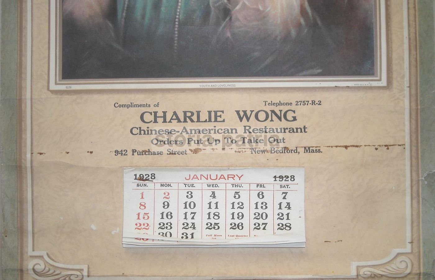 Calendario Ristorante Cinese Americano Charlie Wong 1928 New Bedford