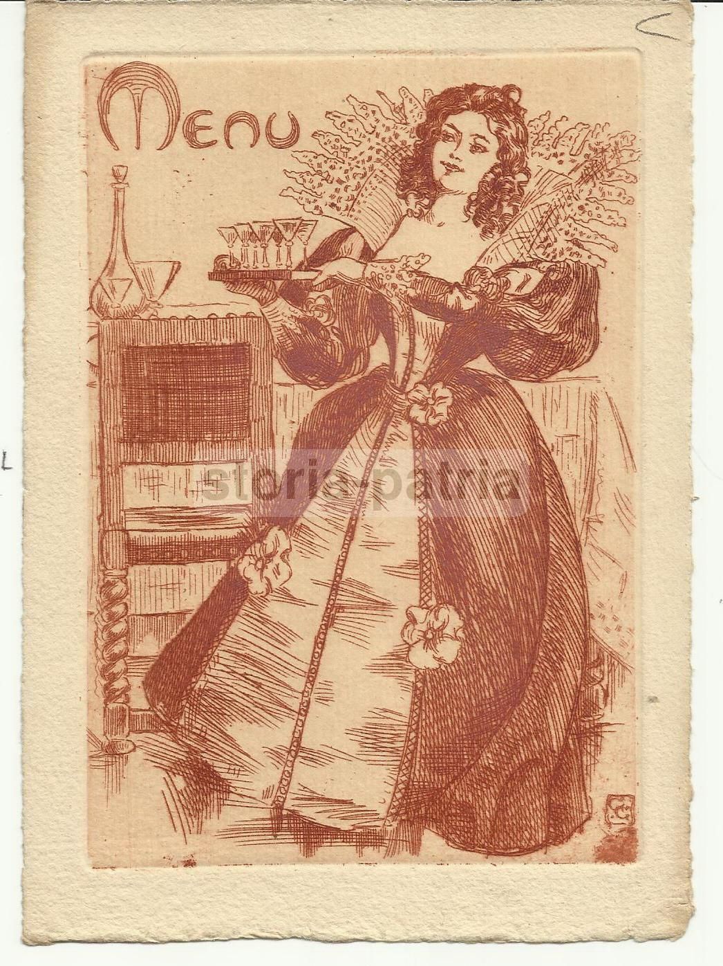 Menu d'Epoca Liberty Con Illustrazione Artistica All'Acquaforte