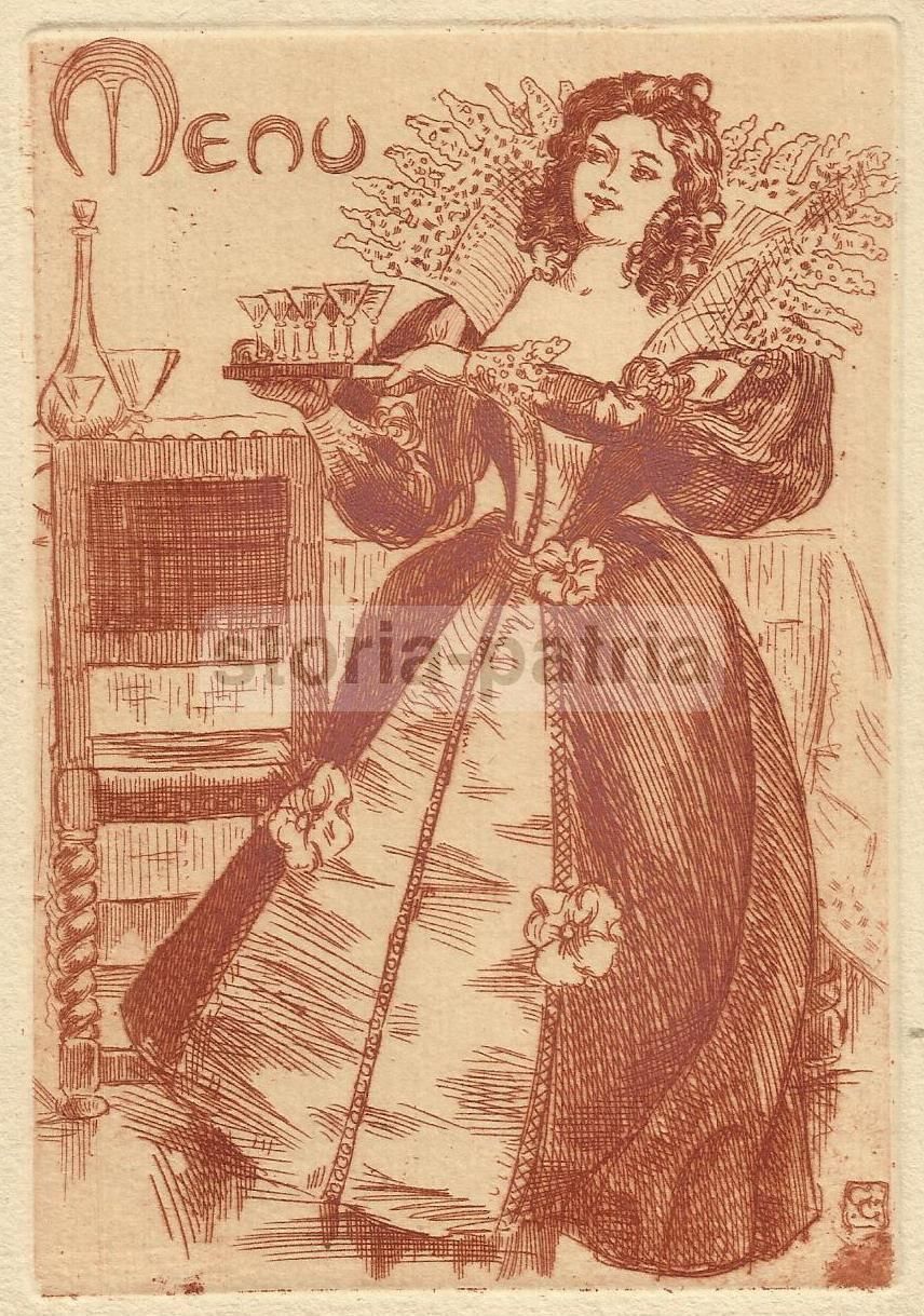 Menu d'Epoca Liberty Con Illustrazione Artistica All'Acquaforte
