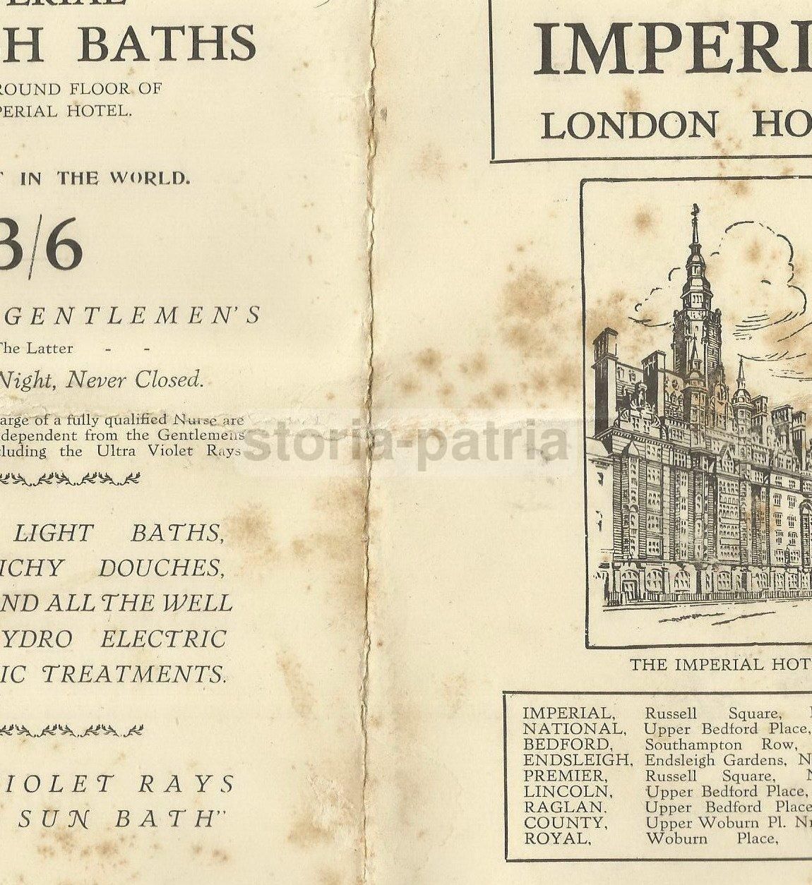 Menu Imperial Hotel Londra 1934   Pieghevole Pubblicitario E Bagni Turchi