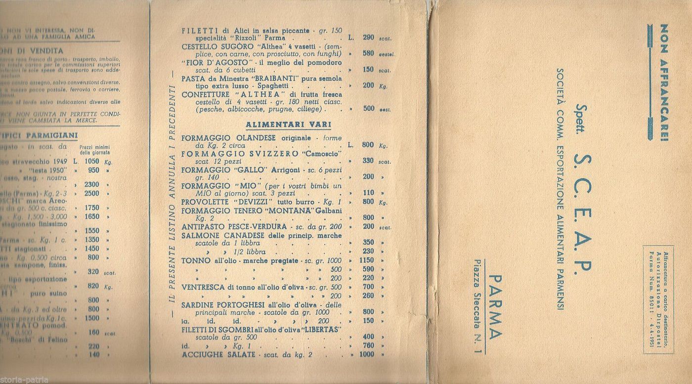 Listino S.C.E.A.P. Parma Prodotti Tipici, Salumi E Formaggi, Anni '50