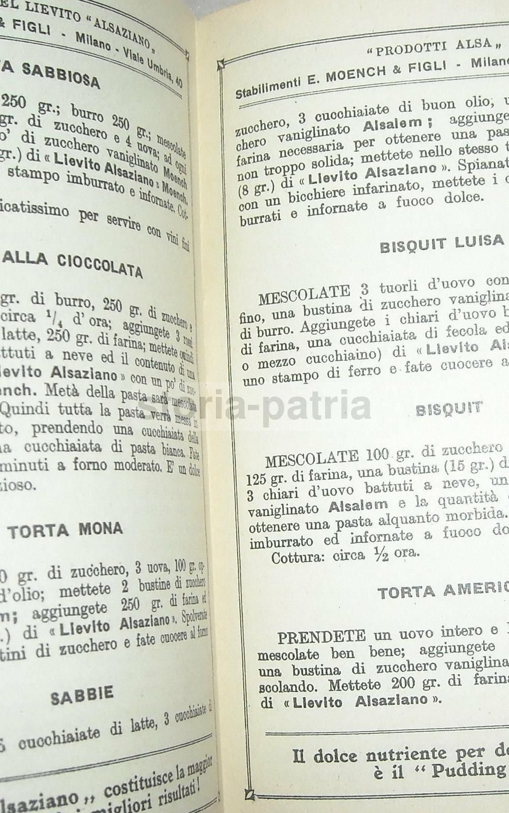 Ricettario Pasticceria Moench, Milano, Anni '20 '30