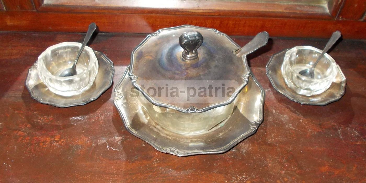 Tris Saliere E Zuccheriera In Vetro Molato E Argento 800, Anni '30 '50