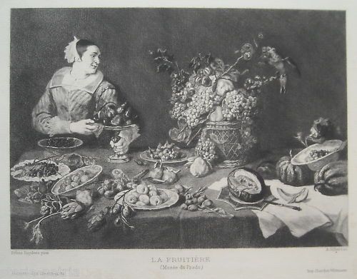 Incisione Antica La Fruitière Di Achille Gilbert Da Frans Snyders (Fine XIX Secolo)