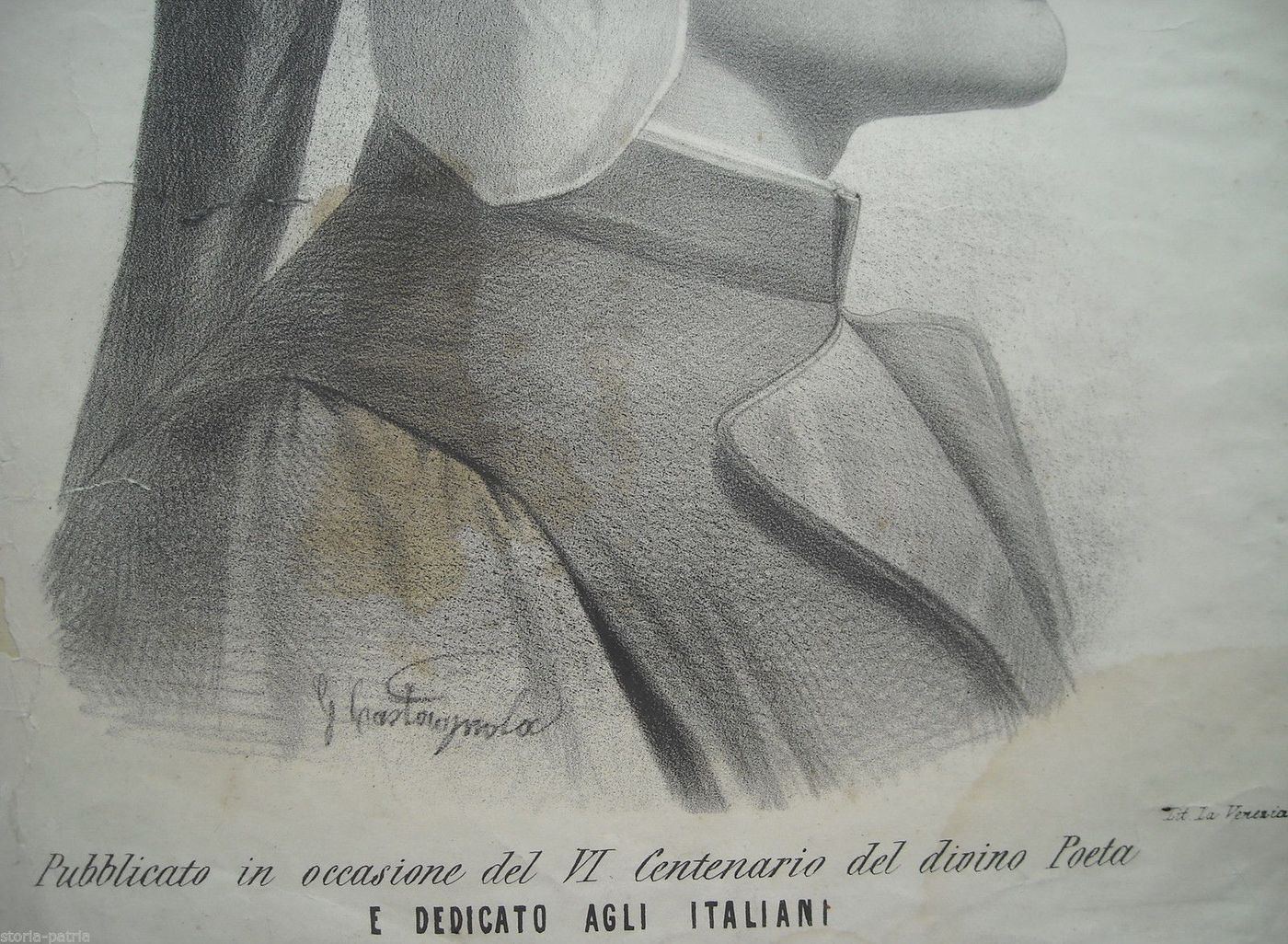 Ritratto Di Dante Alighieri, Litografia Di Gabriele Castagnola, Firenze, XIX Secolo